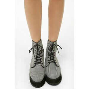 New Forever 21 Women's Glen Check Ankle Boots Black Textile Platform Size 8( 39)